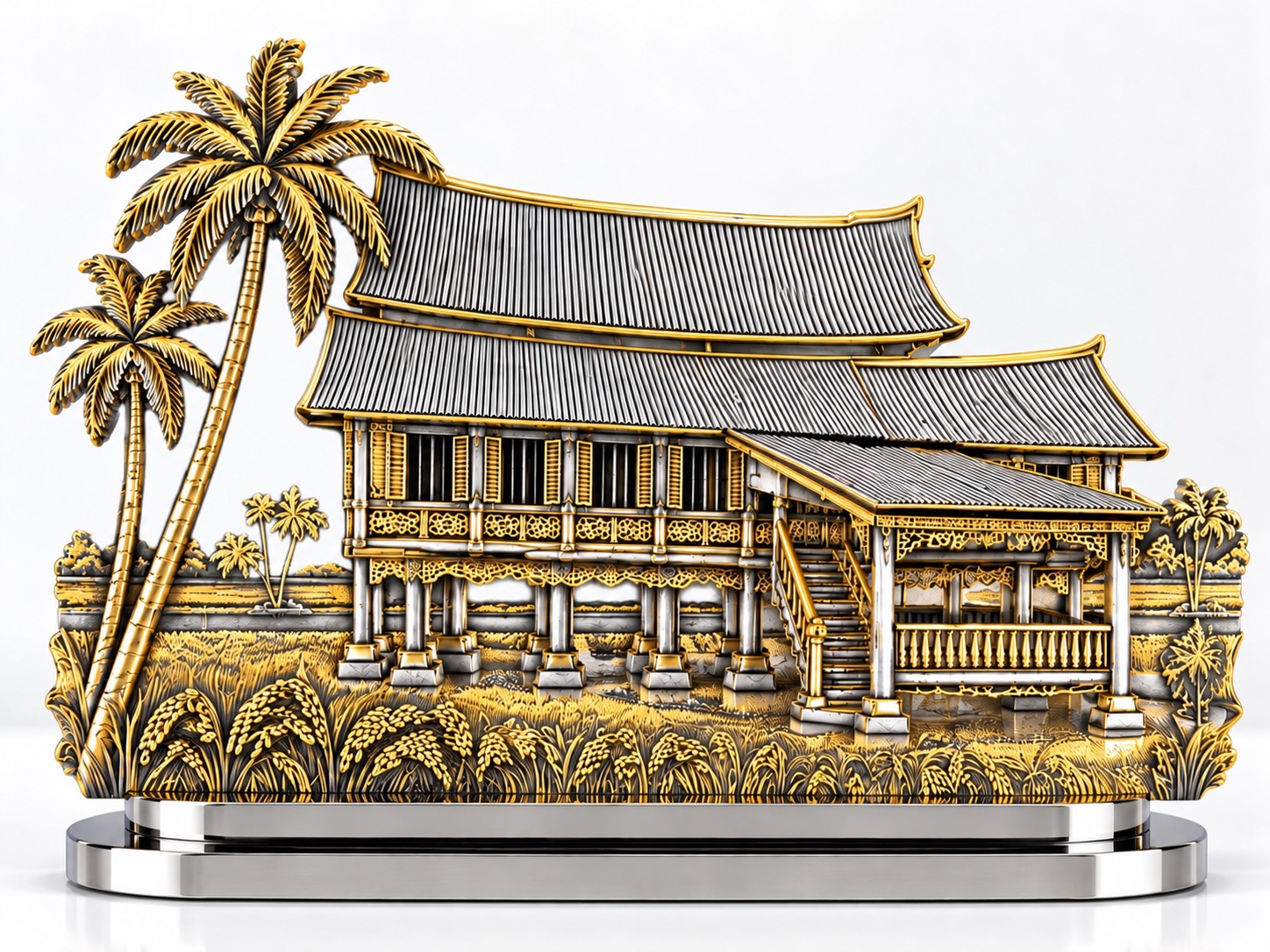 马来传统屋金银色摆件正面展示